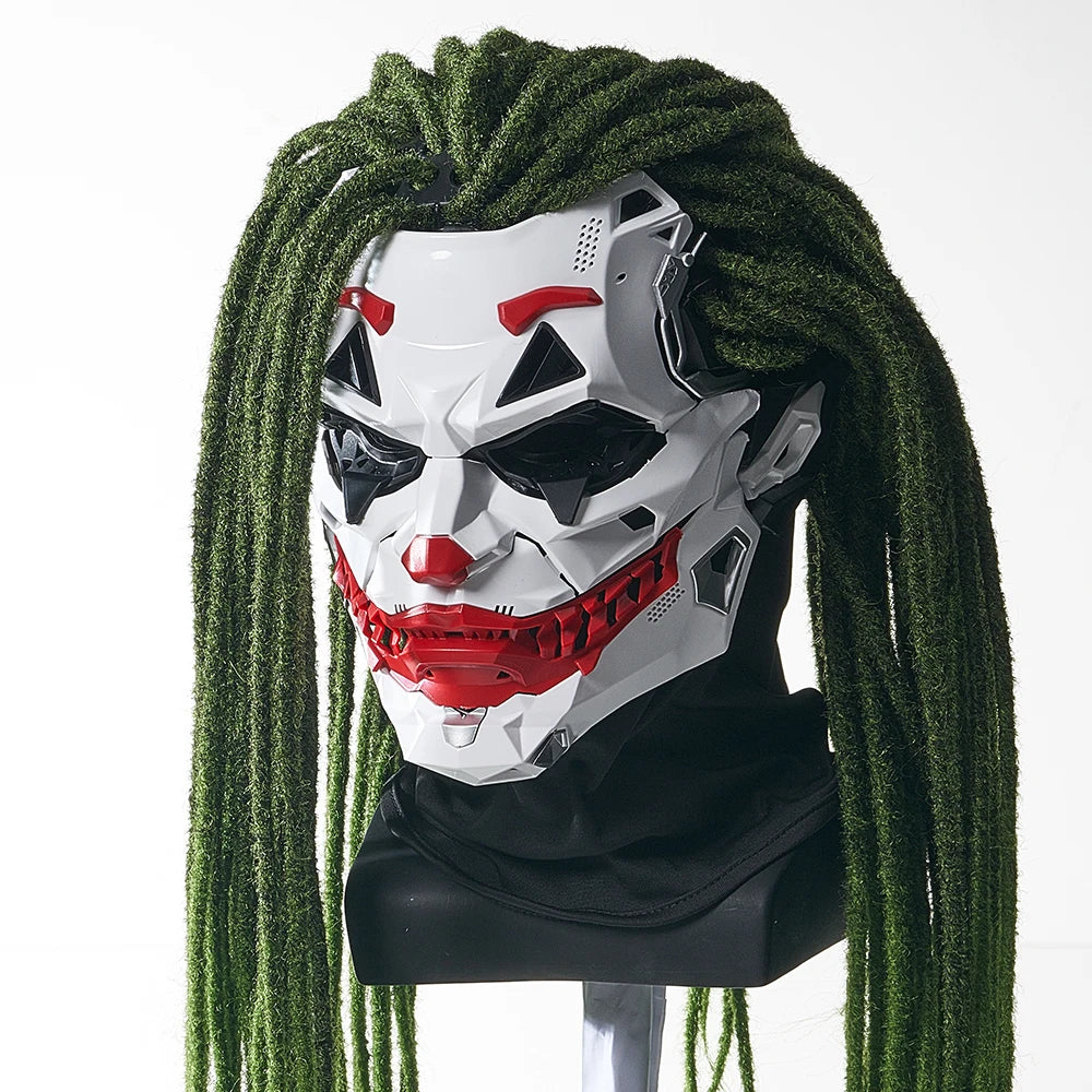Futuristic Joker Villain Mask with Green Dreadlocks | Sci-Fi Clown Cosplay Mask