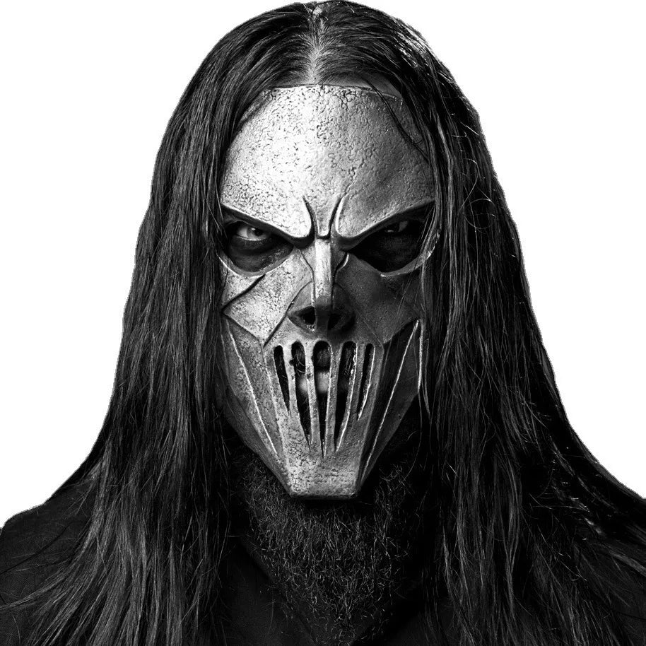 Metal Warrior Skull Mask with Long Hair | Silver Rib-Cage Horror Mask