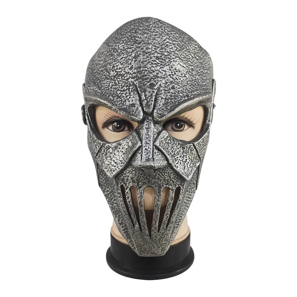 Metal Warrior Skull Mask with Long Hair | Silver Rib-Cage Horror Mask