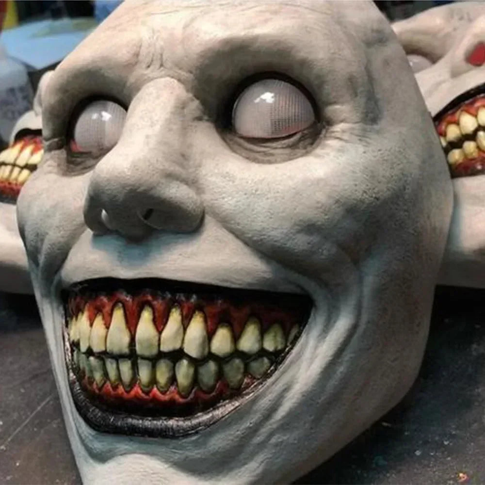 Demonic Smiling Face Mask | White Blind-Eyes Horror Latex Mask