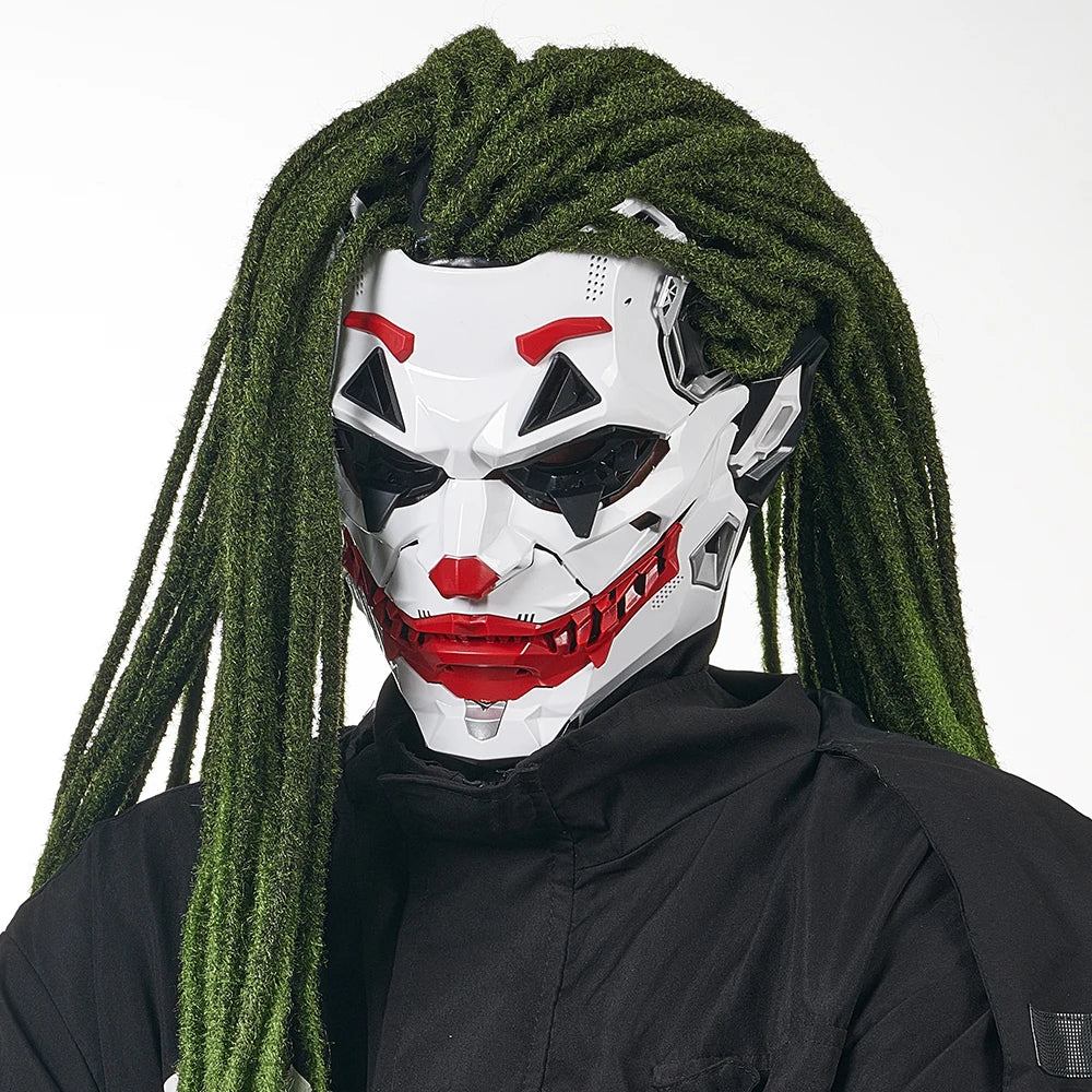 Futuristic Joker Villain Mask with Green Dreadlocks | Sci-Fi Clown Cosplay Mask