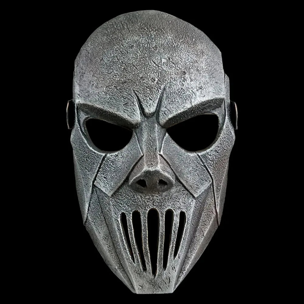 Metal Warrior Skull Mask with Long Hair | Silver Rib-Cage Horror Mask
