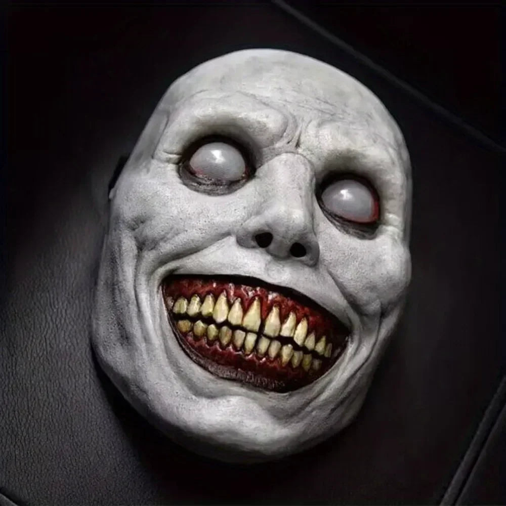 Demonic Smiling Face Mask | White Blind-Eyes Horror Latex Mask