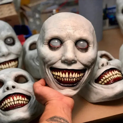 Demonic Smiling Face Mask | White Blind-Eyes Horror Latex Mask