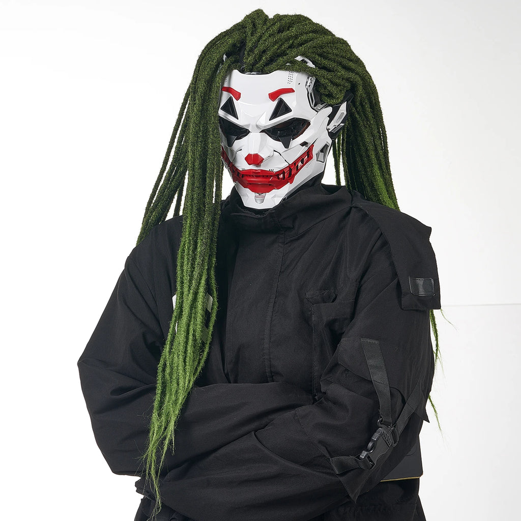 Futuristic Joker Villain Mask with Green Dreadlocks | Sci-Fi Clown Cosplay Mask