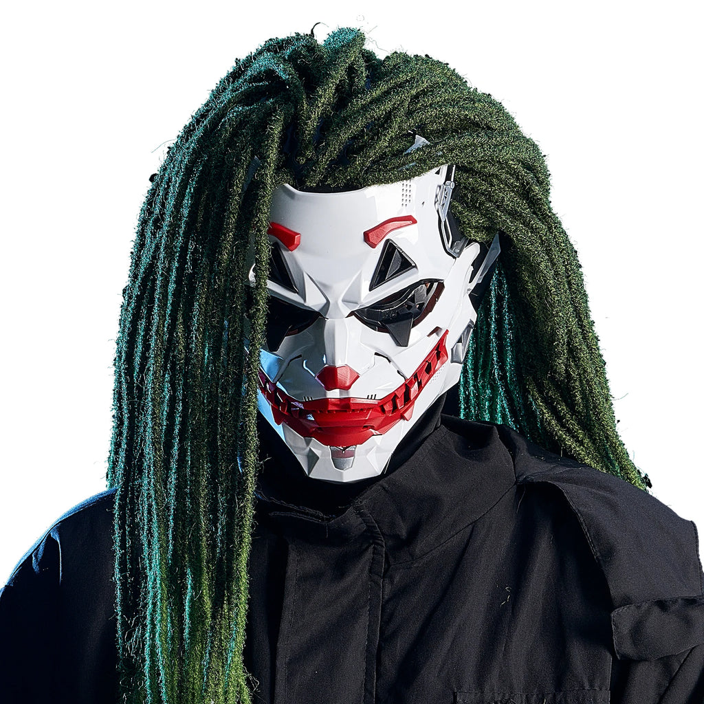 Futuristic Joker Villain Mask with Green Dreadlocks | Sci-Fi Clown Cosplay Mask